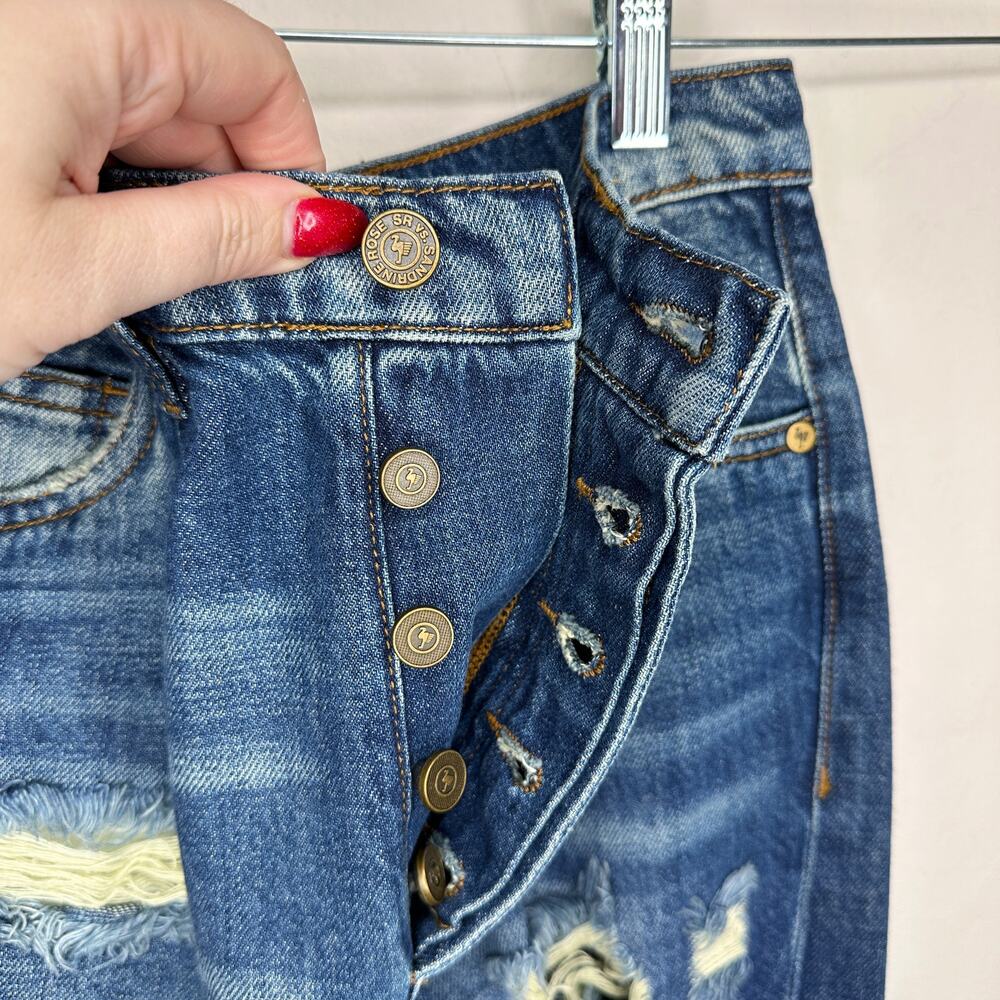 Free People Sandrine Rose R1016 Pleated Ripped Dark Wash Straight Leg Jeans 26 - Picture 5 of 16